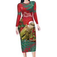 Personalised New Zealand Kakapo Christmas Family Matching Long Sleeve Bodycon Dress and Hawaiian Shirt Meri Kirihimete Silver Fern Mix Pohutukawa LT14 Mom's Dress Red - Polynesian Pride