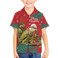Personalised New Zealand Kakapo Christmas Family Matching Long Sleeve Bodycon Dress and Hawaiian Shirt Meri Kirihimete Silver Fern Mix Pohutukawa LT14 Son's Shirt Red - Polynesian Pride