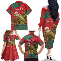 Personalised New Zealand Kakapo Christmas Family Matching Off The Shoulder Long Sleeve Dress and Hawaiian Shirt Meri Kirihimete Silver Fern Mix Pohutukawa LT14 - Polynesian Pride