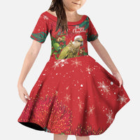 Personalised New Zealand Kakapo Christmas Family Matching Off Shoulder Maxi Dress and Hawaiian Shirt Meri Kirihimete Silver Fern Mix Pohutukawa LT14 Daughter's Dress Red - Polynesian Pride