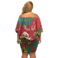 Personalised New Zealand Kakapo Christmas Off Shoulder Short Dress Meri Kirihimete Silver Fern Mix Pohutukawa LT14 - Polynesian Pride