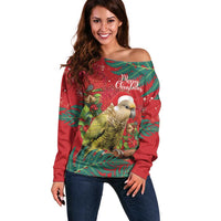Personalised New Zealand Kakapo Christmas Off Shoulder Sweater Meri Kirihimete Silver Fern Mix Pohutukawa LT14 Women Red - Polynesian Pride