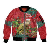 Personalised New Zealand Kakapo Christmas Sleeve Zip Bomber Jacket Meri Kirihimete Silver Fern Mix Pohutukawa LT14 Unisex Red - Polynesian Pride