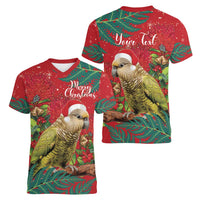 Personalised New Zealand Kakapo Christmas Women V-Neck T-Shirt Meri Kirihimete Silver Fern Mix Pohutukawa LT14 - Polynesian Pride
