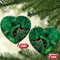 New Zealand Gecko Christmas Ceramic Ornament Meri Kirihimete Paua Shell Mix Pohutukawa LT14 Heart Green - Polynesian Pride