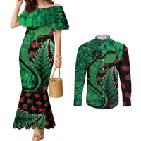 New Zealand Gecko Christmas Couples Matching Mermaid Dress and Long Sleeve Button Shirt Meri Kirihimete Paua Shell Mix Pohutukawa LT14 Green - Polynesian Pride