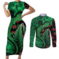 New Zealand Gecko Christmas Couples Matching Short Sleeve Bodycon Dress and Long Sleeve Button Shirt Meri Kirihimete Paua Shell Mix Pohutukawa LT14 Green - Polynesian Pride