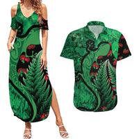 New Zealand Gecko Christmas Couples Matching Summer Maxi Dress and Hawaiian Shirt Meri Kirihimete Paua Shell Mix Pohutukawa LT14 Green - Polynesian Pride