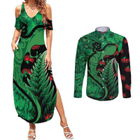 New Zealand Gecko Christmas Couples Matching Summer Maxi Dress and Long Sleeve Button Shirt Meri Kirihimete Paua Shell Mix Pohutukawa LT14 Green - Polynesian Pride