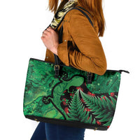 New Zealand Gecko Christmas Leather Tote Bag Meri Kirihimete Paua Shell Mix Pohutukawa LT14 Green - Polynesian Pride