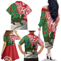 Personalised New Zealand Tuatara Christmas Family Matching Off The Shoulder Long Sleeve Dress and Hawaiian Shirt Meri Kirihimete Aotearoa Maori Mix Pohutukawa LT14 - Polynesian Pride