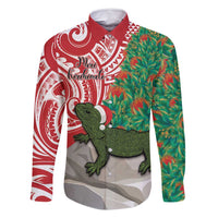 Personalised New Zealand Tuatara Christmas Family Matching Summer Maxi Dress and Hawaiian Shirt Meri Kirihimete Aotearoa Maori Mix Pohutukawa LT14 Dad's Shirt - Long Sleeve Red - Polynesian Pride
