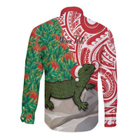 Personalised New Zealand Tuatara Christmas Long Sleeve Button Shirt Meri Kirihimete Aotearoa Maori Mix Pohutukawa LT14 - Polynesian Pride