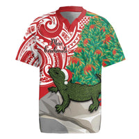 Personalised New Zealand Tuatara Christmas Rugby Jersey Meri Kirihimete Aotearoa Maori Mix Pohutukawa LT14 Red - Polynesian Pride
