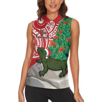 Personalised New Zealand Tuatara Christmas Women Sleeveless Polo Shirt Meri Kirihimete Aotearoa Maori Mix Pohutukawa LT14 - Polynesian Pride