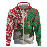 Personalised New Zealand Tuatara Christmas Zip Hoodie Meri Kirihimete Aotearoa Maori Mix Pohutukawa LT14 Zip Hoodie Red - Polynesian Pride