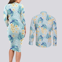 Pastel Cyan Tropical Hawaii Couples Matching Long Sleeve Bodycon Dress and Long Sleeve Button Shirt Seamless Monstera Plumeria Hawaiian Pattern LT14 - Polynesian Pride