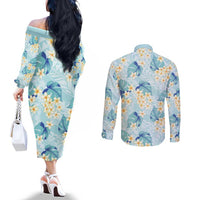 Pastel Cyan Tropical Hawaii Couples Matching Off The Shoulder Long Sleeve Dress and Long Sleeve Button Shirt Seamless Monstera Plumeria Hawaiian Pattern LT14 - Polynesian Pride