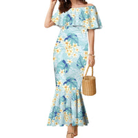 Pastel Cyan Tropical Hawaii Family Matching Mermaid Dress and Hawaiian Shirt Seamless Monstera Plumeria Hawaiian Pattern LT14 Mom's Dress Pastel Cyan - Polynesian Pride