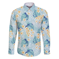 Pastel Cyan Tropical Hawaii Family Matching Off The Shoulder Long Sleeve Dress and Hawaiian Shirt Seamless Monstera Plumeria Hawaiian Pattern LT14 Dad's Shirt - Long Sleeve Pastel Cyan - Polynesian Pride