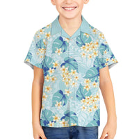 Pastel Cyan Tropical Hawaii Family Matching Off The Shoulder Long Sleeve Dress and Hawaiian Shirt Seamless Monstera Plumeria Hawaiian Pattern LT14 Son's Shirt Pastel Cyan - Polynesian Pride