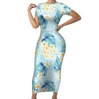 Pastel Cyan Tropical Hawaii Family Matching Short Sleeve Bodycon Dress and Hawaiian Shirt Seamless Monstera Plumeria Hawaiian Pattern LT14 Mom's Dress Pastel Cyan - Polynesian Pride