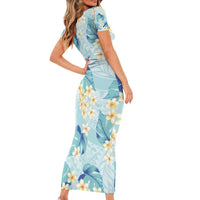 Pastel Cyan Tropical Hawaii Family Matching Short Sleeve Bodycon Dress and Hawaiian Shirt Seamless Monstera Plumeria Hawaiian Pattern LT14 - Polynesian Pride