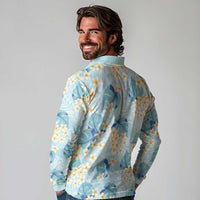 Pastel Cyan Tropical Hawaii Long Sleeve Polo Shirt Seamless Monstera Plumeria Hawaiian Pattern - Polynesian Pride