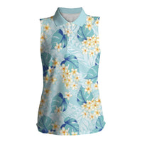 Pastel Cyan Tropical Hawaii Women Sleeveless Polo Shirt Seamless Monstera Plumeria Hawaiian Pattern LT14 Female Pastel Cyan - Polynesian Pride