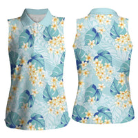 Pastel Cyan Tropical Hawaii Women Sleeveless Polo Shirt Seamless Monstera Plumeria Hawaiian Pattern LT14 - Polynesian Pride