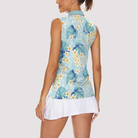 Pastel Cyan Tropical Hawaii Women Sleeveless Polo Shirt Seamless Monstera Plumeria Hawaiian Pattern LT14 - Polynesian Pride