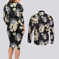 Black Tropical Hawaii Couples Matching Long Sleeve Bodycon Dress and Long Sleeve Button Shirt Seamless Monstera Plumeria Hawaiian Pattern LT14 - Polynesian Pride