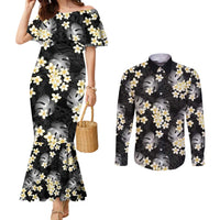 Black Tropical Hawaii Couples Matching Mermaid Dress and Long Sleeve Button Shirt Seamless Monstera Plumeria Hawaiian Pattern LT14 Black - Polynesian Pride