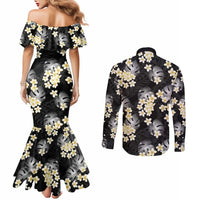 Black Tropical Hawaii Couples Matching Mermaid Dress and Long Sleeve Button Shirt Seamless Monstera Plumeria Hawaiian Pattern LT14 - Polynesian Pride