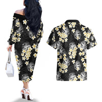 Black Tropical Hawaii Couples Matching Off The Shoulder Long Sleeve Dress and Hawaiian Shirt Seamless Monstera Plumeria Hawaiian Pattern LT14 - Polynesian Pride