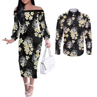 Black Tropical Hawaii Couples Matching Off The Shoulder Long Sleeve Dress and Long Sleeve Button Shirt Seamless Monstera Plumeria Hawaiian Pattern LT14 Black - Polynesian Pride