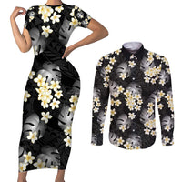 Black Tropical Hawaii Couples Matching Short Sleeve Bodycon Dress and Long Sleeve Button Shirt Seamless Monstera Plumeria Hawaiian Pattern LT14 Black - Polynesian Pride