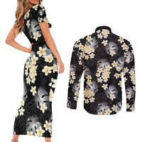 Black Tropical Hawaii Couples Matching Short Sleeve Bodycon Dress and Long Sleeve Button Shirt Seamless Monstera Plumeria Hawaiian Pattern LT14 - Polynesian Pride