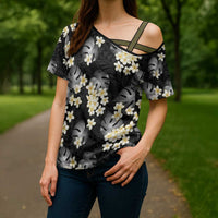 Black Tropical Hawaii Cross Shoulder Shirt Seamless Monstera Plumeria Hawaiian Pattern - Polynesian Pride