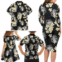 Black Tropical Hawaii Family Matching Long Sleeve Bodycon Dress and Hawaiian Shirt Seamless Monstera Plumeria Hawaiian Pattern LT14 - Polynesian Pride