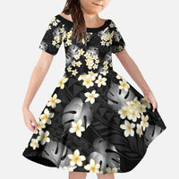 Black Tropical Hawaii Family Matching Off The Shoulder Long Sleeve Dress and Hawaiian Shirt Seamless Monstera Plumeria Hawaiian Pattern LT14 Daughter's Dress Black - Polynesian Pride