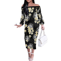 Black Tropical Hawaii Family Matching Off The Shoulder Long Sleeve Dress and Hawaiian Shirt Seamless Monstera Plumeria Hawaiian Pattern LT14 Mom's Dress Black - Polynesian Pride