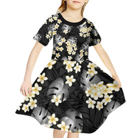 Black Tropical Hawaii Kid Short Sleeve Dress Seamless Monstera Plumeria Hawaiian Pattern - Polynesian Pride