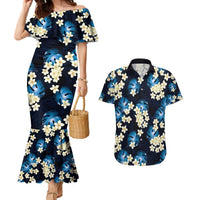 Blue Tropical Hawaii Couples Matching Mermaid Dress and Hawaiian Shirt Seamless Monstera Plumeria Hawaiian Pattern LT14 Blue - Polynesian Pride