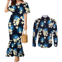 Blue Tropical Hawaii Couples Matching Mermaid Dress and Long Sleeve Button Shirt Seamless Monstera Plumeria Hawaiian Pattern LT14 Blue - Polynesian Pride