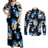 Blue Tropical Hawaii Couples Matching Off Shoulder Maxi Dress and Long Sleeve Button Shirt Seamless Monstera Plumeria Hawaiian Pattern - Polynesian Pride
