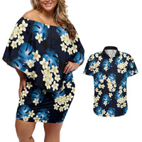 Blue Tropical Hawaii Couples Matching Off Shoulder Short Dress and Hawaiian Shirt Seamless Monstera Plumeria Hawaiian Pattern LT14 Blue - Polynesian Pride