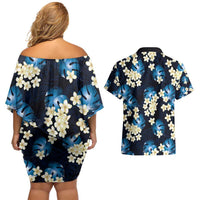 Blue Tropical Hawaii Couples Matching Off Shoulder Short Dress and Hawaiian Shirt Seamless Monstera Plumeria Hawaiian Pattern LT14 - Polynesian Pride