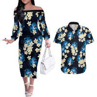 Blue Tropical Hawaii Couples Matching Off The Shoulder Long Sleeve Dress and Hawaiian Shirt Seamless Monstera Plumeria Hawaiian Pattern LT14 Blue - Polynesian Pride