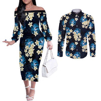 Blue Tropical Hawaii Couples Matching Off The Shoulder Long Sleeve Dress and Long Sleeve Button Shirt Seamless Monstera Plumeria Hawaiian Pattern LT14 Blue - Polynesian Pride